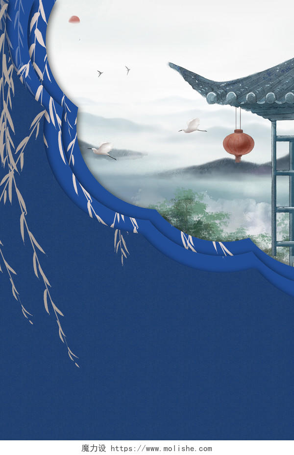 蓝色中国风白鹭水墨寒露风景海报背景